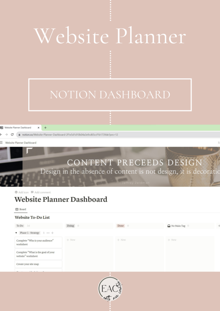 Image shows a screenshot of the website planner notion dashboard