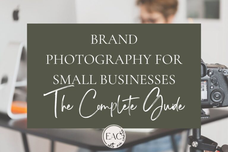 A small business owner is sitting at the desk in the background. In the foreground, you see a camera set up for her branding photography session.